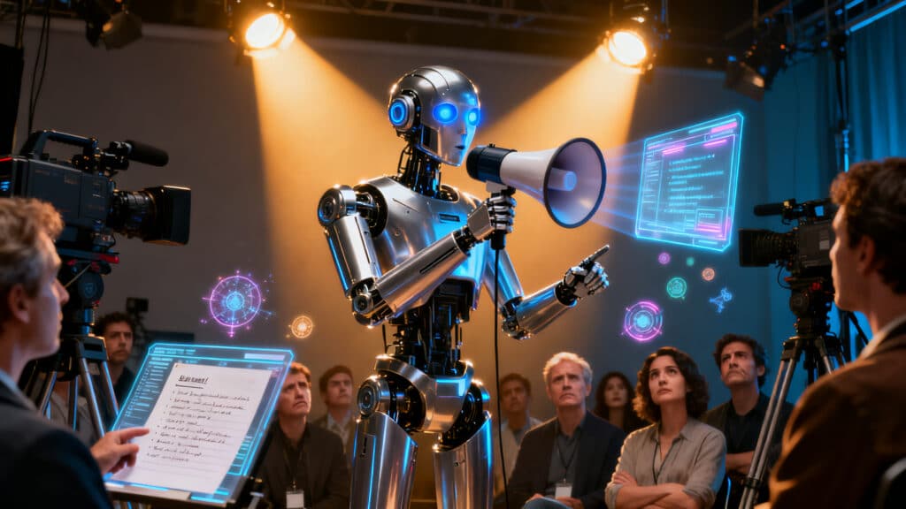 Robot parle avec un mégaphone devant des personnes.