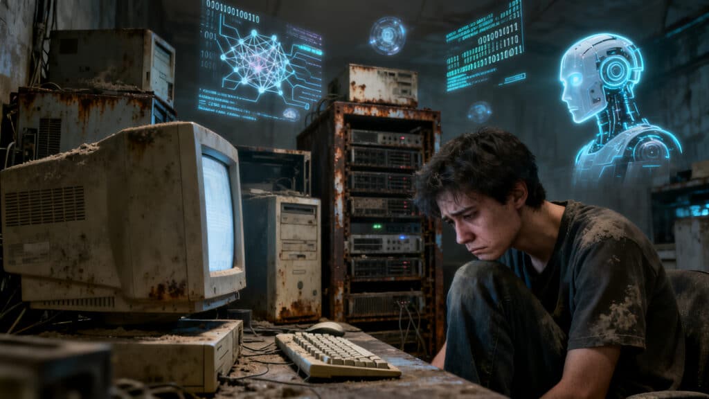 Vieil ordinateur et homme pensif dans salle sombre.