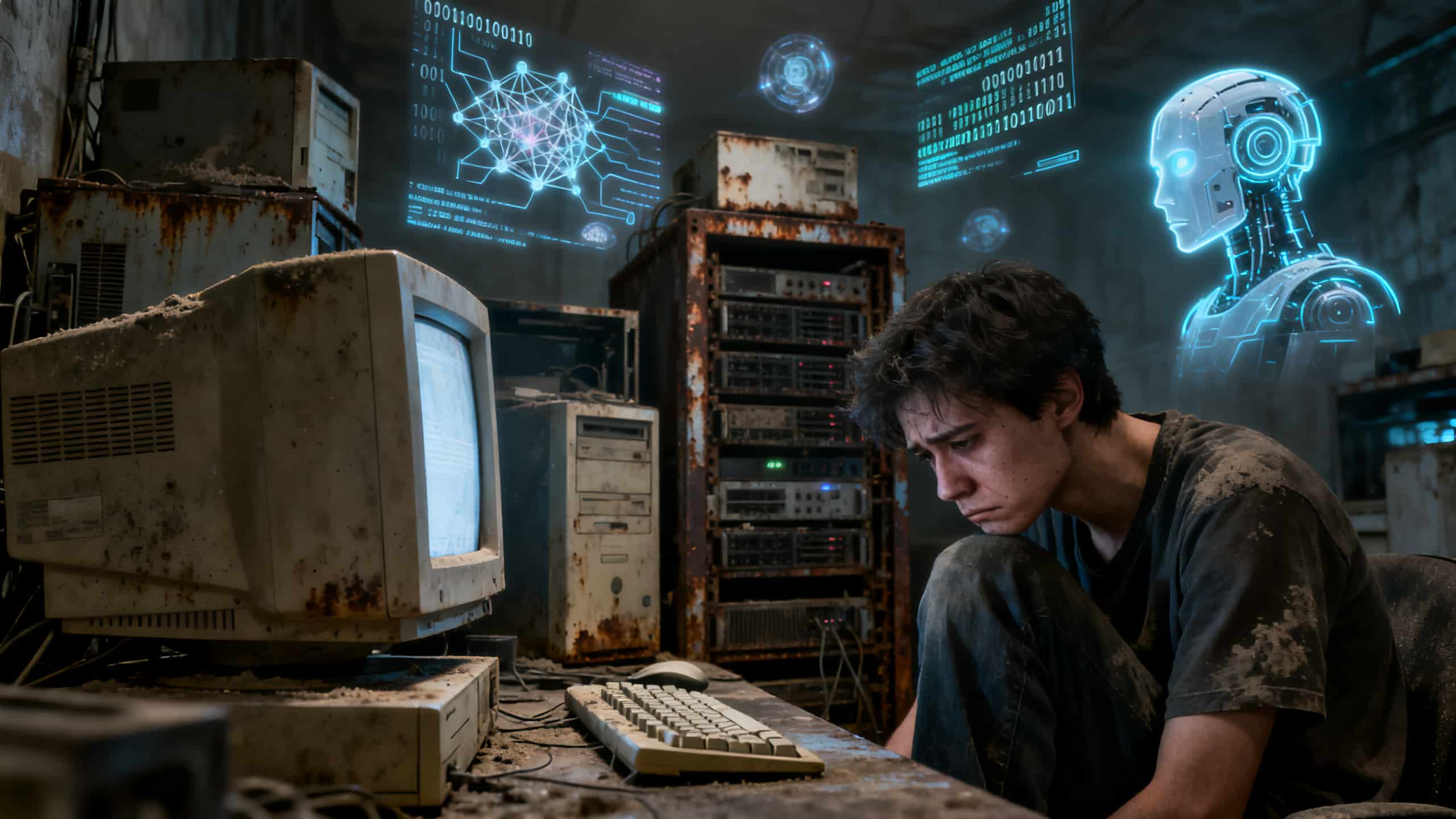 Vieil ordinateur et homme pensif dans salle sombre.