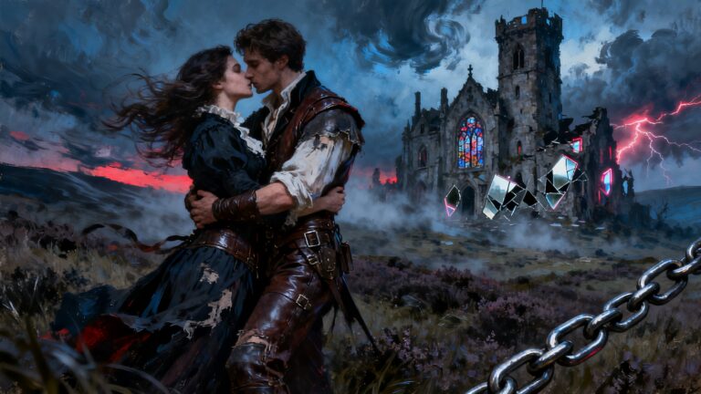 Couple s'embrassant devant un château sous l'orage.