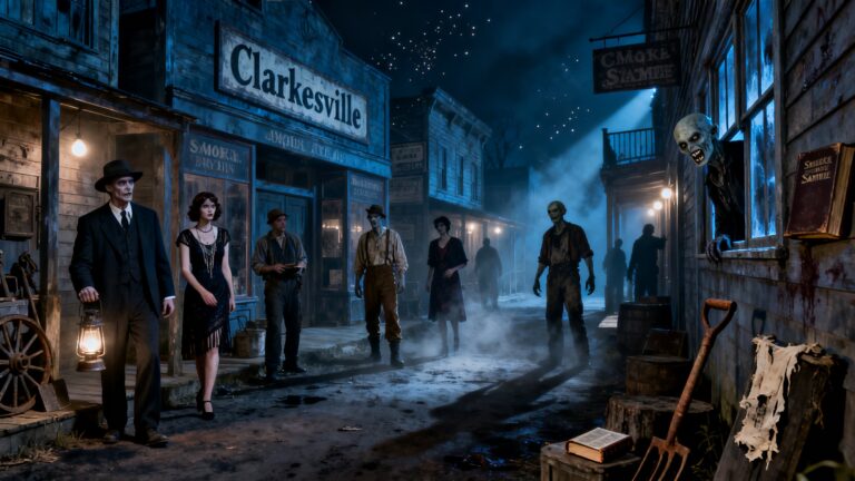 Rue sombre du Far West avec zombies.