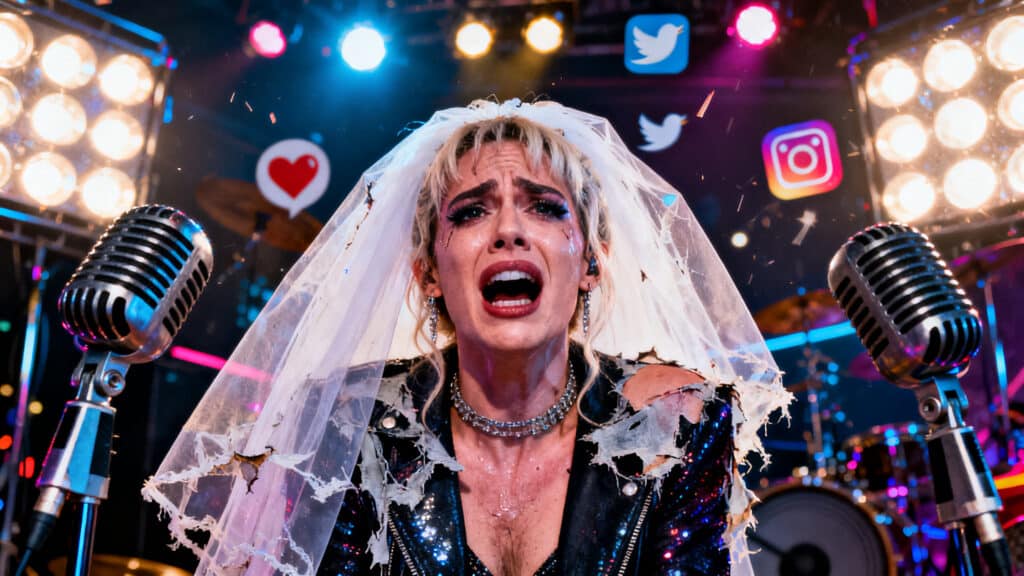 Femme chante, pleure, entre deux micros sur scène.