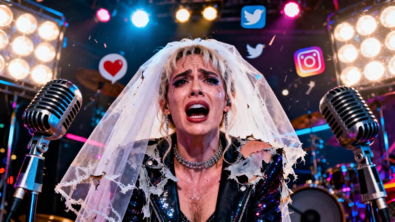 Femme chante, pleure, entre deux micros sur scène.