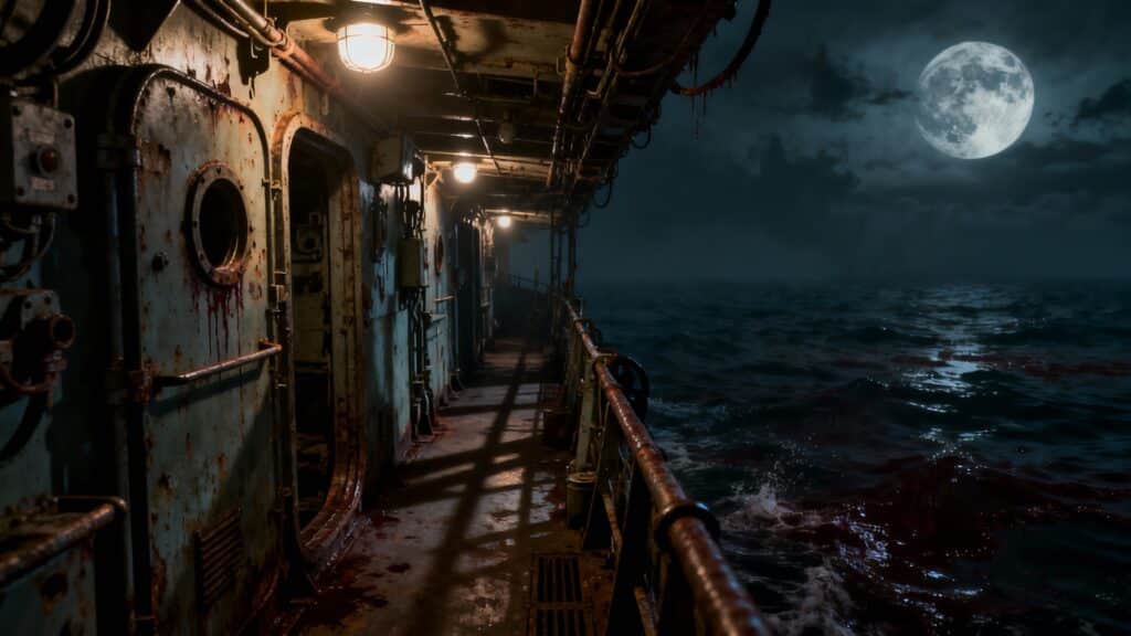 Pont de bateau sous la lune sur la mer.