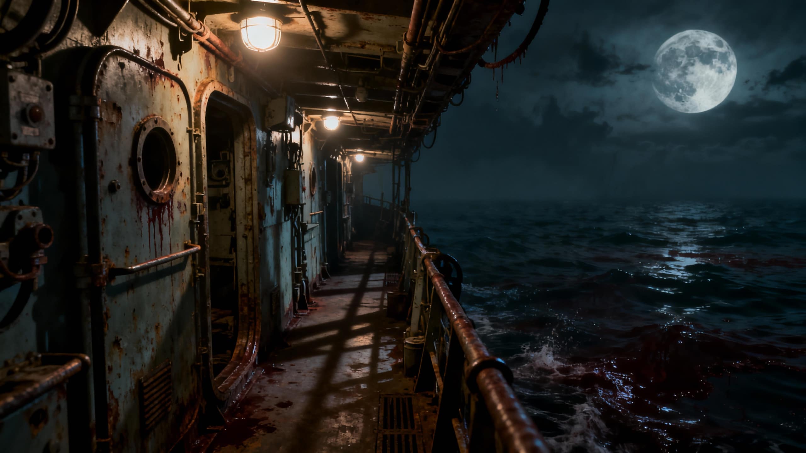 Pont de bateau sous la lune sur la mer.