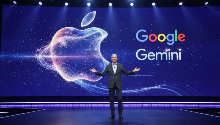 Homme sur scène devant logos Apple et Google Gemini.