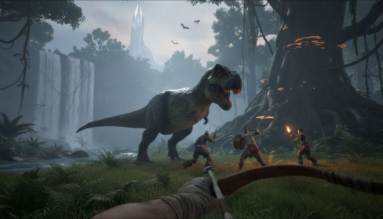 Dinosaures et guerriers dans une jungle préhistorique