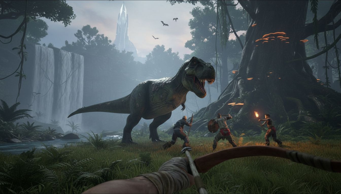 Dinosaures et guerriers dans une jungle préhistorique