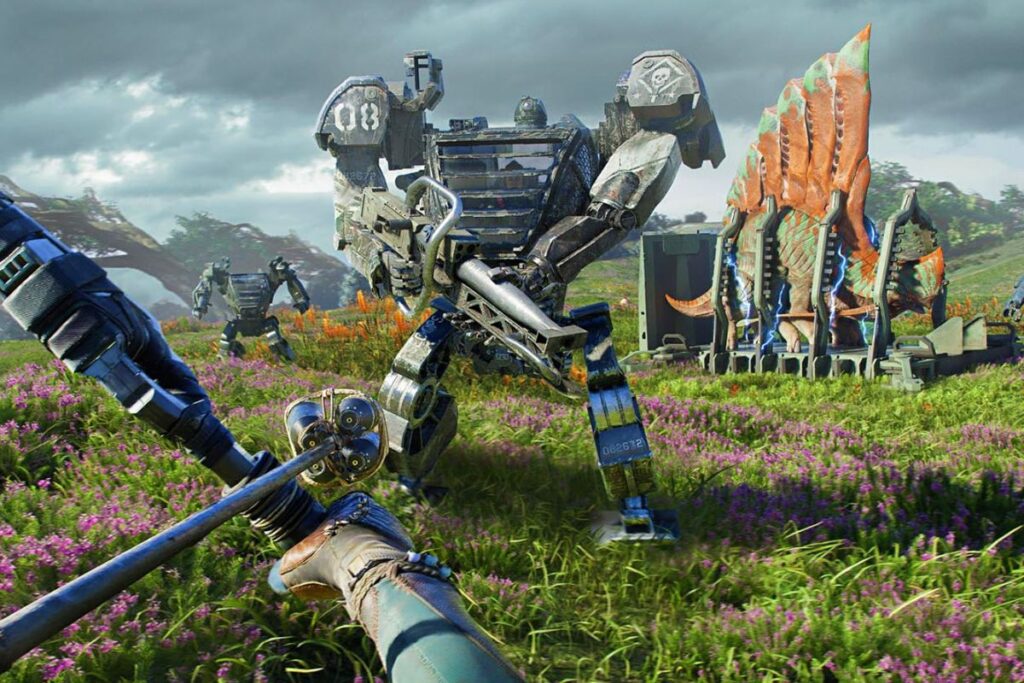 Robot géant en combat sur champ fleuri.