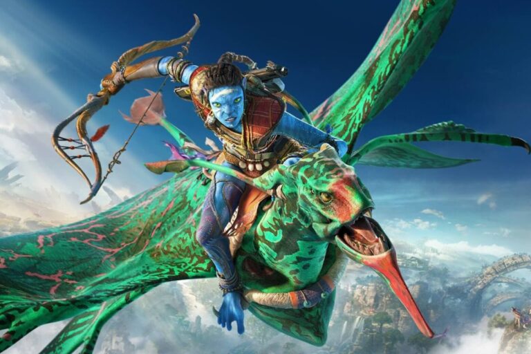 Personnage bleu volant sur une créature volante colorée.