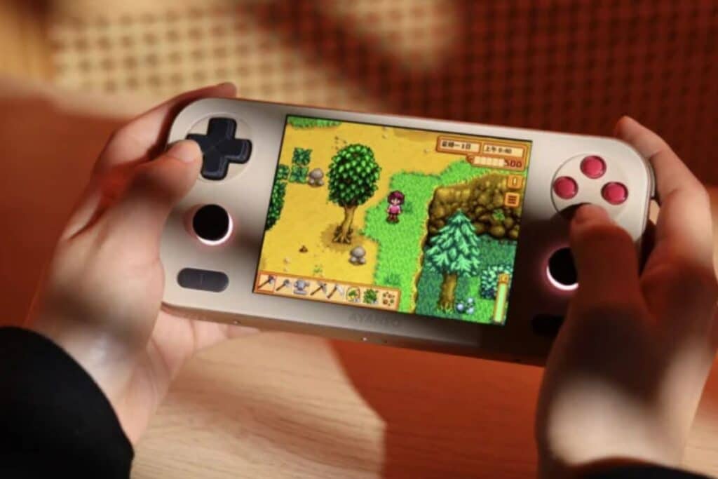 Jeu vidéo sur console portable, écran montré.