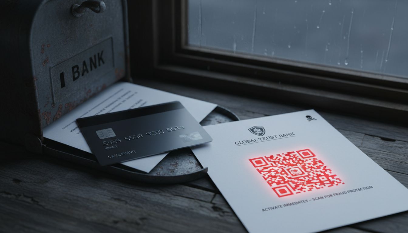 Carte bancaire et code QR bancaire sur table.