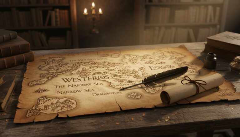 Carte ancienne sur bureau en bois, plume posée dessus.
