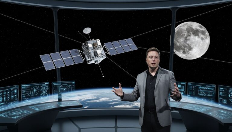 Homme devant écran spatial avec satellite et Lune.