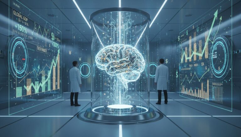 Laboratoire futuriste avec cerveau numérique holographique.