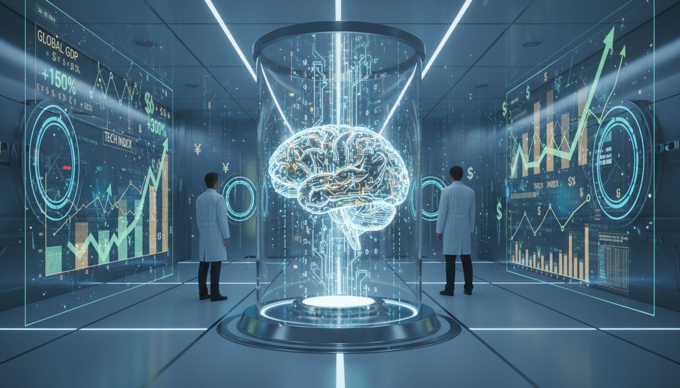 Laboratoire futuriste avec cerveau numérique holographique.