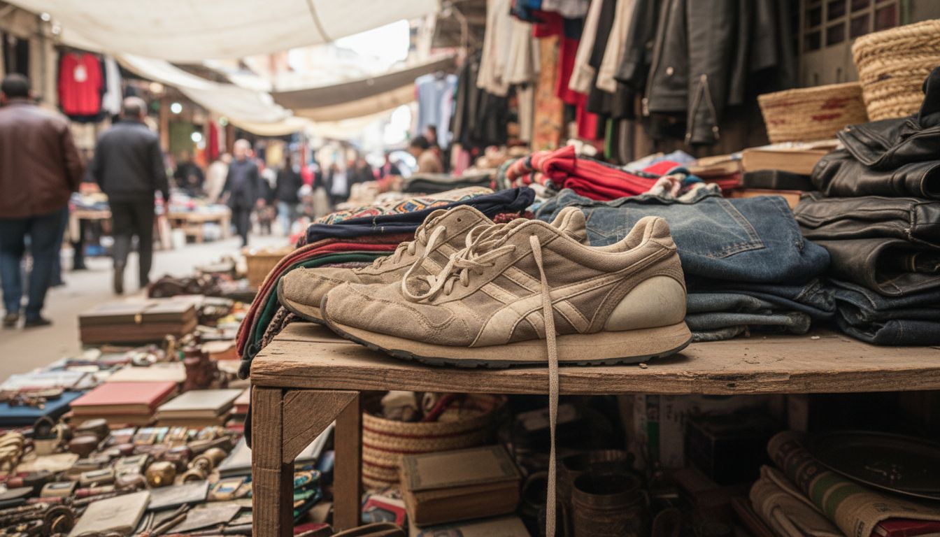Vieilles baskets sur étal de marché animé.