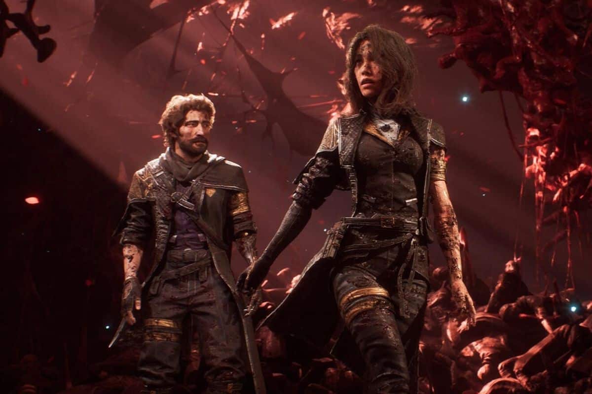 Personnages dans un monde sombre et fantastique.