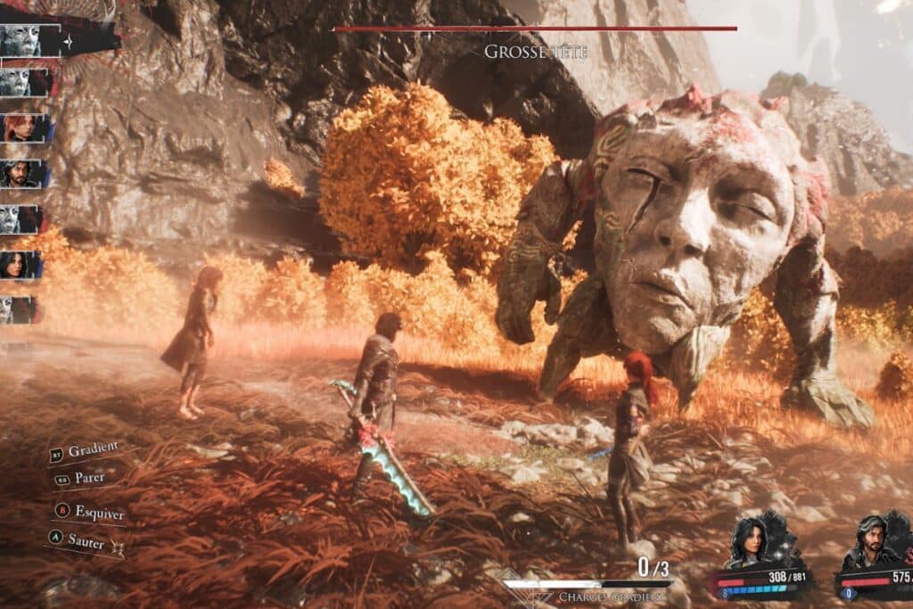 Personnages affrontant une créature gigantesque dans un jeu.