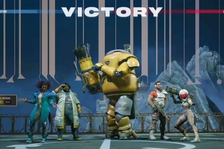 Personnages de jeu vidéo célèbrent une victoire.