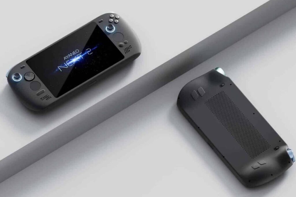 Consoles de jeux portables modernes posées sur une table.