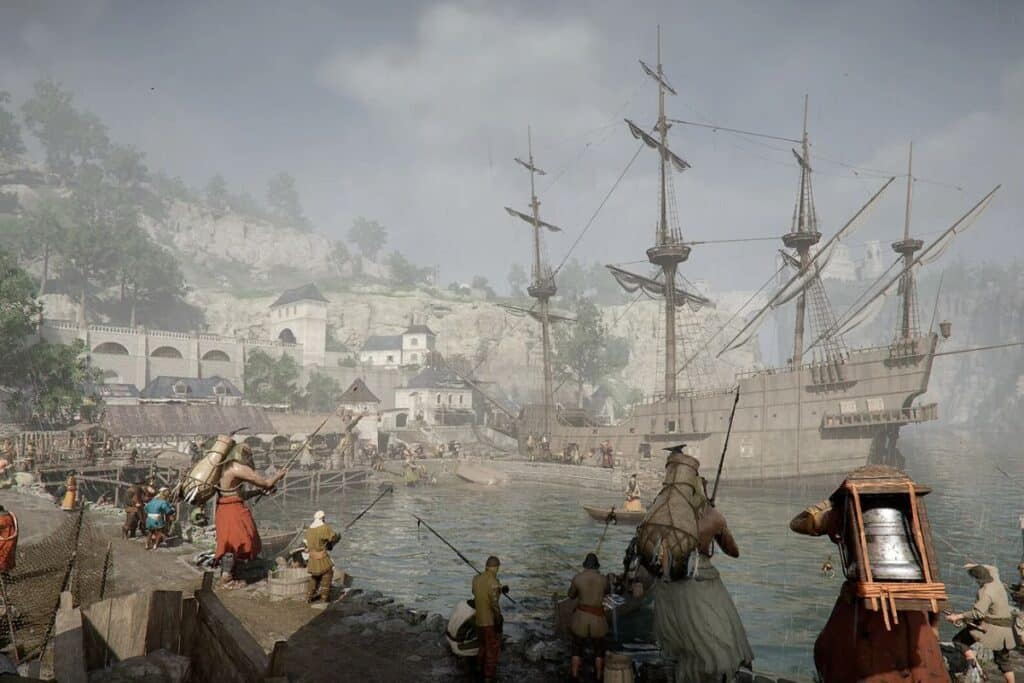 Port médiéval animé avec bateau et gens.