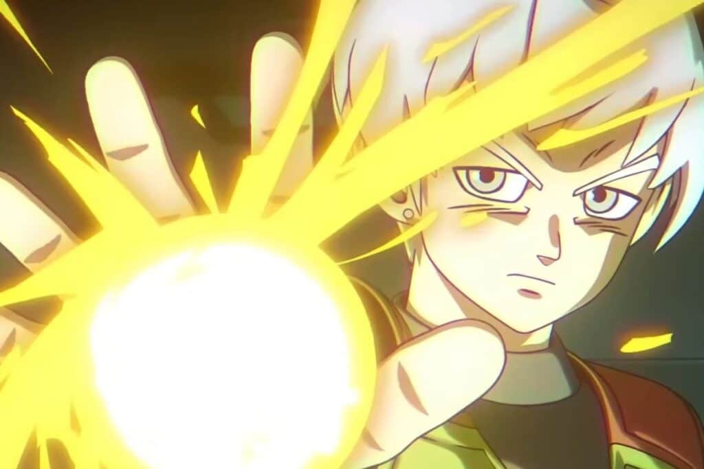 Personnage anime lançant une boule d'énergie lumineuse.