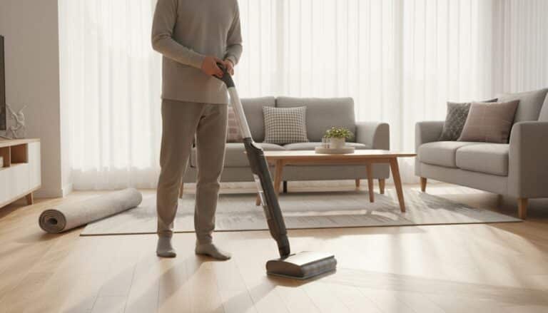 Personne passant l'aspirateur dans un salon moderne.