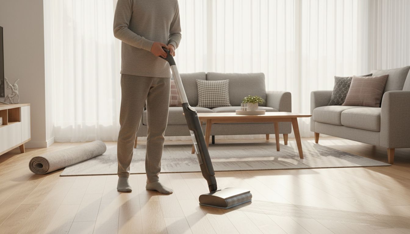 Personne passant l'aspirateur dans un salon moderne.