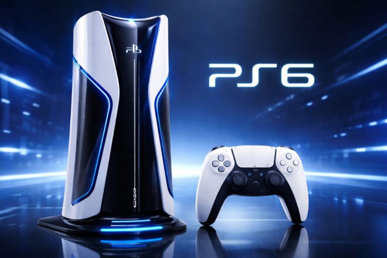 Concept console de jeu vidéo PS6 futuriste.