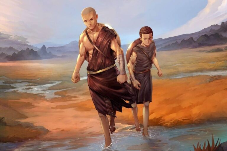 Deux guerriers traversent un paysage désertique.