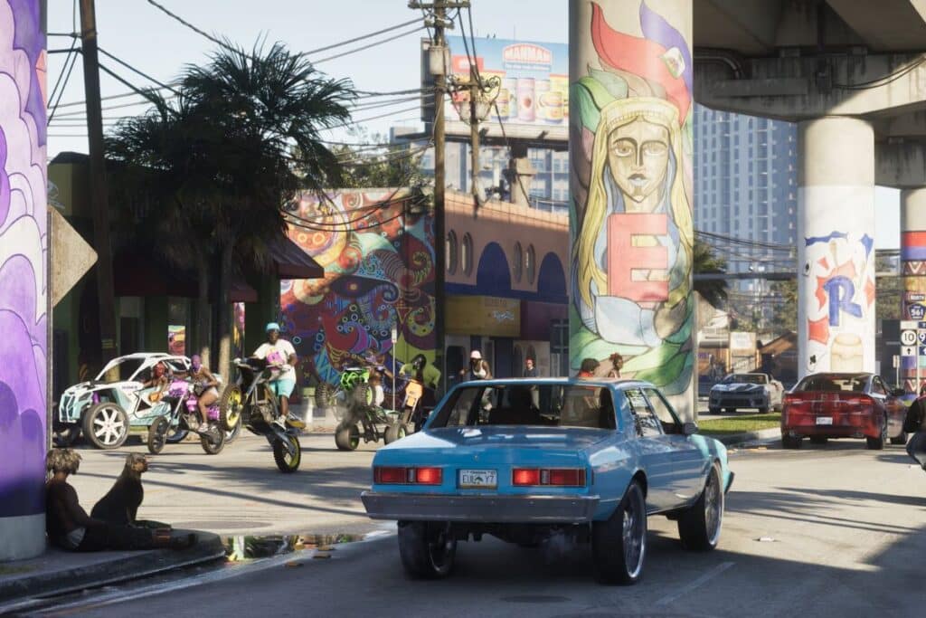 Scène urbaine avec graffiti et motos.