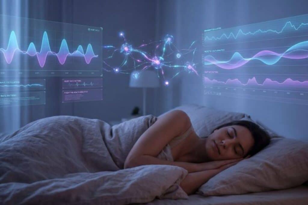 Femme dormant, graphiques de sommeil projetés autour.