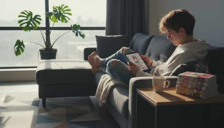 Personne lisant une tablette sur un canapé.
