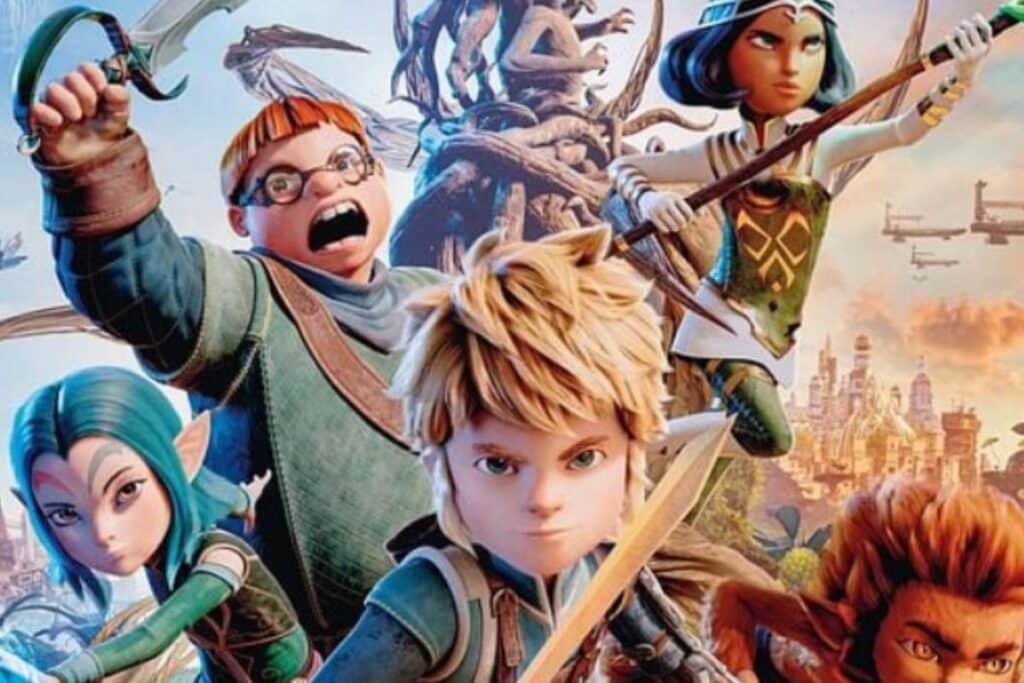 Personnages fantastiques devant un paysage urbain féerique.