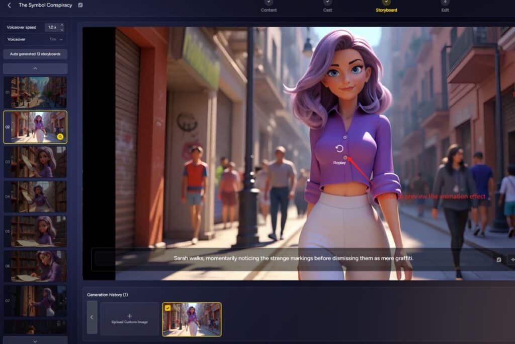 Femme violette marchant dans une rue animée.