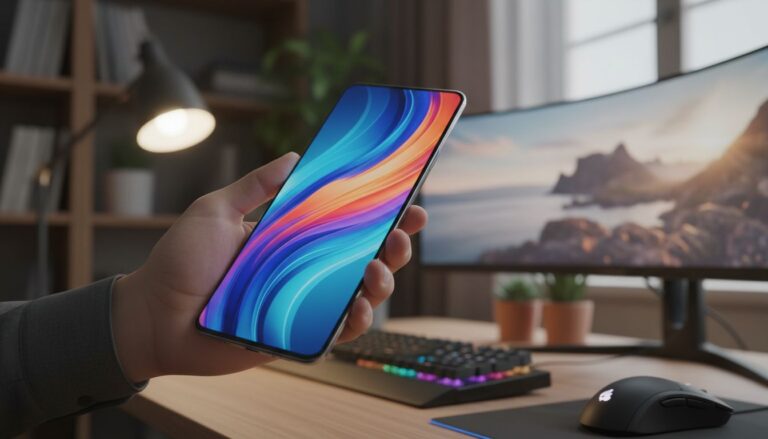 Main tenant un smartphone devant écran incurvé.
