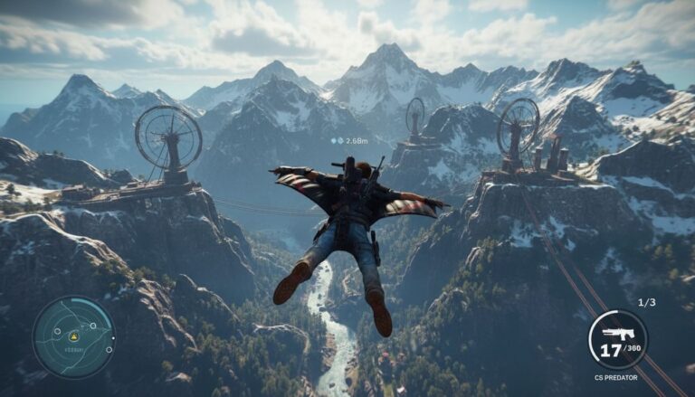 Personnage volant en wingsuit au-dessus des montagnes.