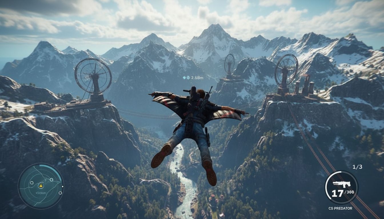 Personnage volant en wingsuit au-dessus des montagnes.