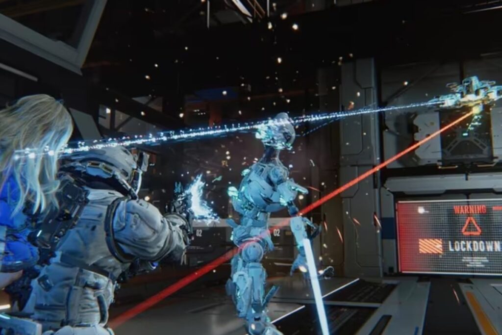 Combat futuriste entre humain et robot dans l'espace.