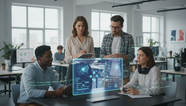 Collaboration professionnelle autour d'un ordinateur dans un bureau.