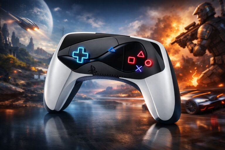 Manette de jeu futuriste avec décor spatial.
