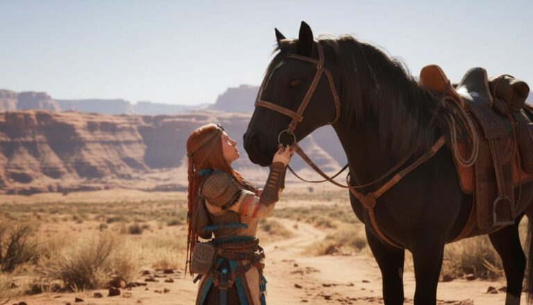 Personne caressant un cheval dans le désert