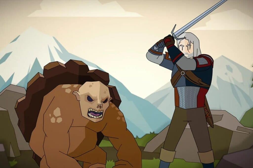 Guerrier combat créature monstrueuse avec épée sur montagnes.