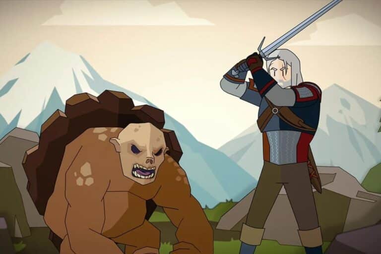 Guerrier combat créature monstrueuse avec épée sur montagnes.