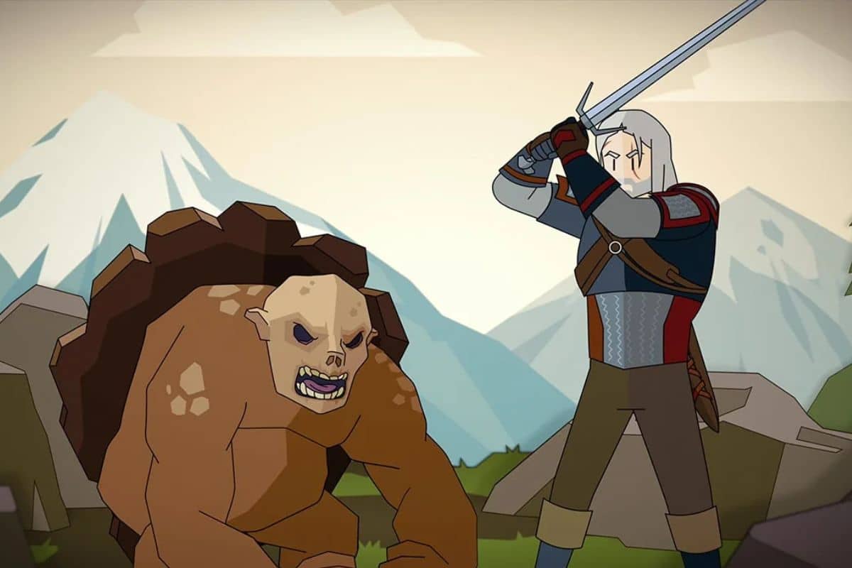 Guerrier combat créature monstrueuse avec épée sur montagnes.