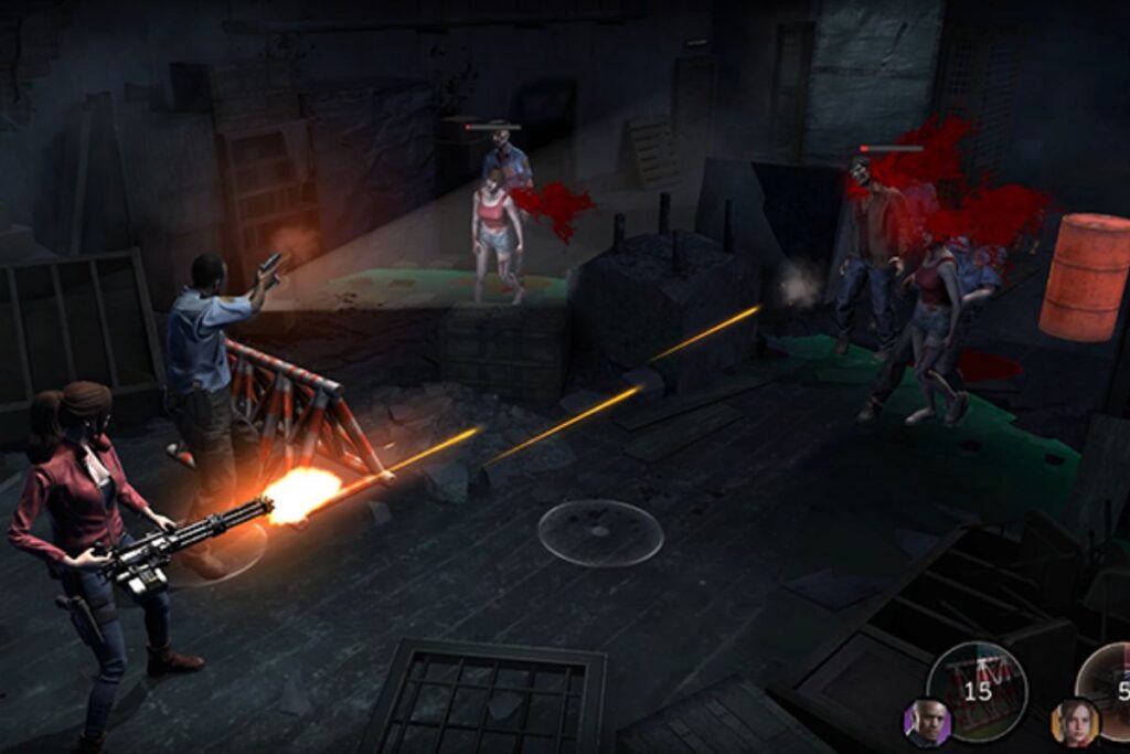 Personnages tirent sur des zombies dans un jeu.