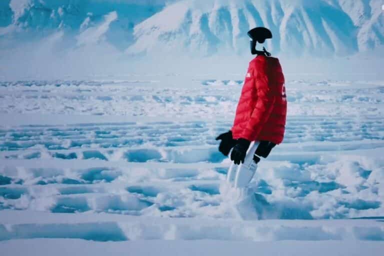 Robot marchant dans la neige avec un manteau rouge.