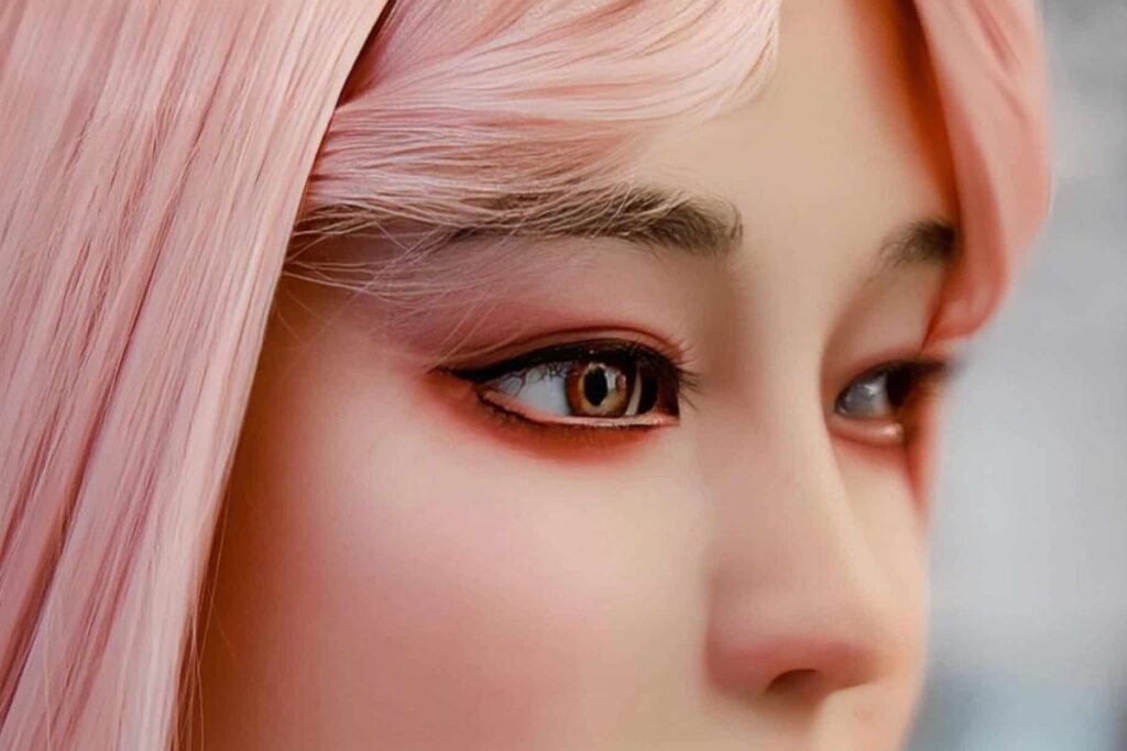 Close-up d'un visage aux cheveux roses.