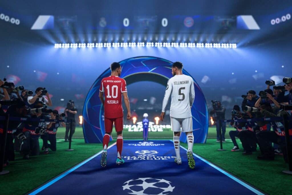 Joueurs entrant sur le terrain de football.